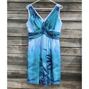 Blue Silk Floral V-neck Knee-length Dress